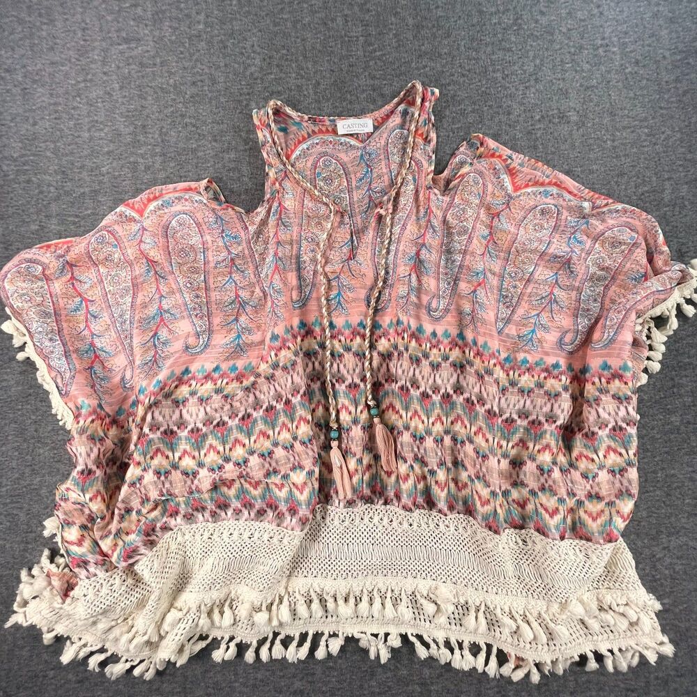 Casting Paris Tunic Top Large Pink Paisley Crochet Fringe L Coverup - Picture 9 of 10